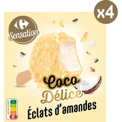 CARREFOUR SENSATION Bâtonnets Glacés Blanc Coco Pack de 4 202g