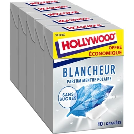 HOLLYWOOD Chewing-Gum Blancheur Menthe Polaire Pack de 10x14 g