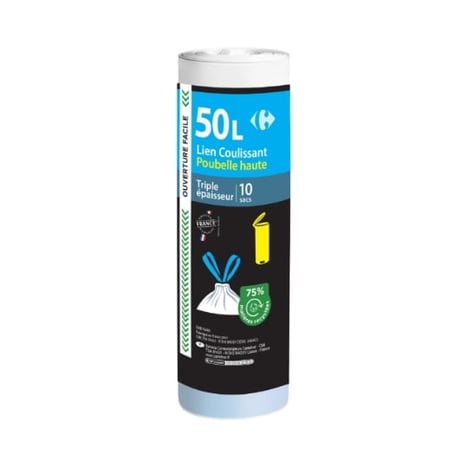 CARREFOUR Sacs Poubelle 50L Liens Coulissants x10
