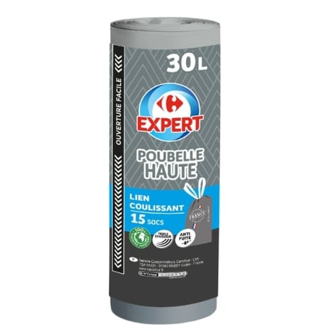 CARREFOUR Sacs Poubelle Haute Lien Coulissant 30 L Lot de 15