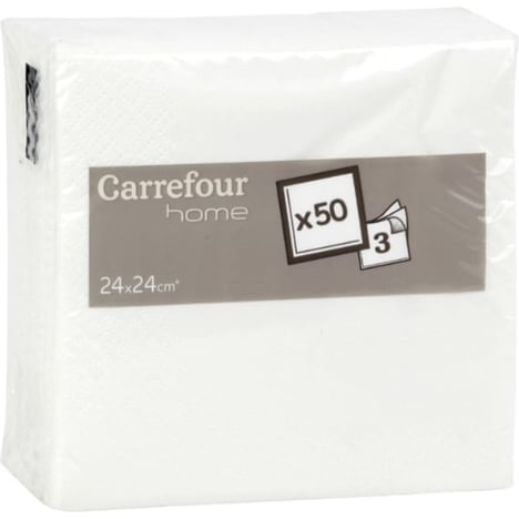 CARREFOUR Serviettes 3 Plis Blanches 24x24 cm Lot de 50