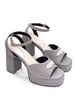 Sole House Chic Sophistication: Grey Textured Block Heels with Silver Brooch - perfect for parties, celebrations & special occasions.